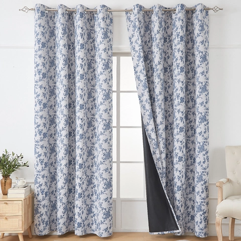 American Vintage Blackout Curtains Polyester Cotton Blend Floral Geometric Printed Grommet Top Window Drapes For Bedroom