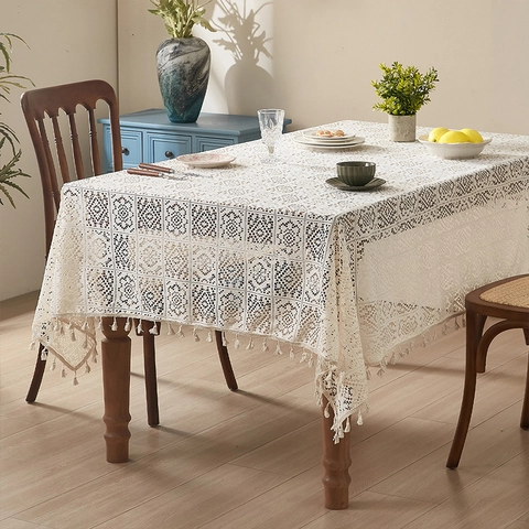 Tovaglia In Pizzo All'uncinetto Vintage Poliestere Cotone Vuoto Motivo Geometrico Con Nappine Per Decorazioni Da Tavola