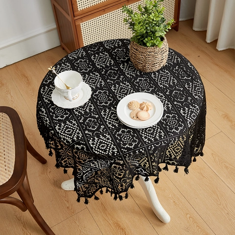 Retro Crochet Lace Tablecloth Tassels Polyester Cotton Blend Hollow Out Rectangular Table Cover For Dining Room Decor