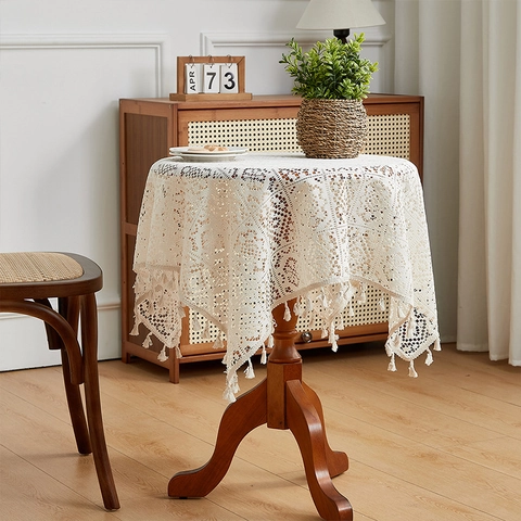Vintage Lace Tablecloth With Tassels American Style Crochet Hollow Out Table Cover Rectangular Round Dustproof Home Decor