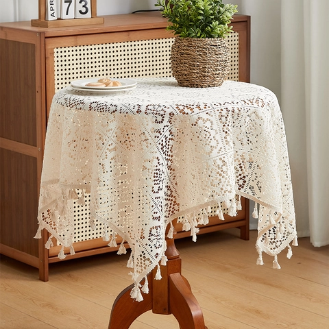 Vintage Lace Tablecloth With Tassels American Style Crochet Hollow Out Table Cover Rectangular Round Dustproof Home Decor