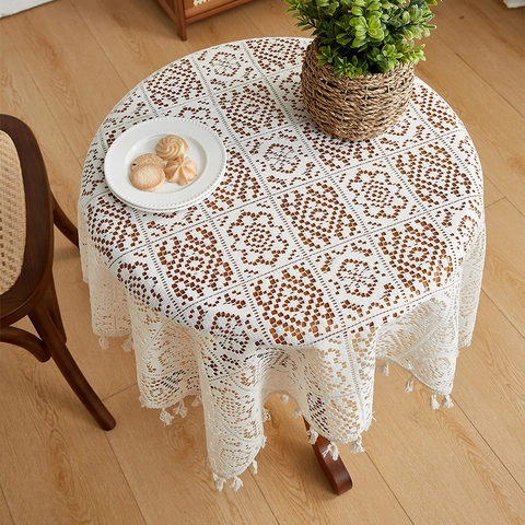 Vintage Häkel Tischdecke Ausgehöhlt Polyester Baumwolle Spitze Quasten Esstisch Couchtisch Heimdekor Boho Stil