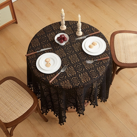 Crochet Lace Tablecloth Hollow Out Cotton Polyester Blend Tassel Edge Retro Pastoral Style Dining Coffee Table Cover