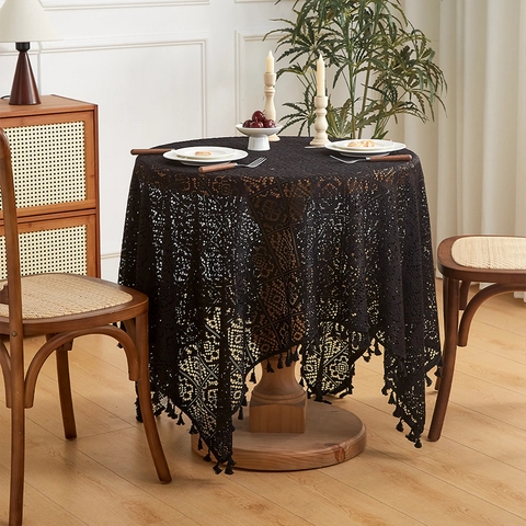 Crochet Lace Tablecloth Hollow Out Cotton Polyester Blend Tassel Edge Retro Pastoral Style Dining Coffee Table Cover
