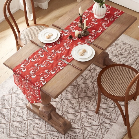 Chinese Classical Peacock Feather Embroidery Table Runner Polyester Lace Mesh With White Tassel For Dining Home Decor