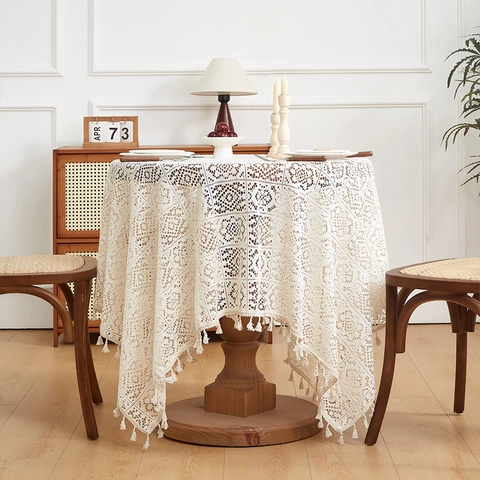 American Retro Pastoral Hollow Crochet Tablecloth With Tassels Polyester Cotton Lace Dining Table Cover Home Decoration