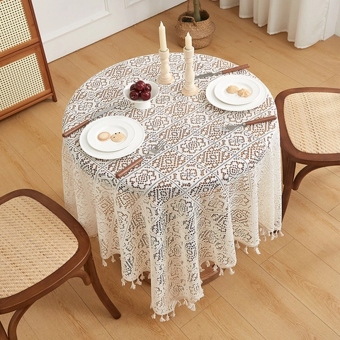 American Retro Pastoral Hollow Crochet Tablecloth With Tassels Polyester Cotton Lace Dining Table Cover Home Decoration