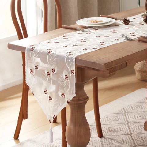Chemin De Table Dentelle Polyester Broderie Plumes Paon Glands Vintage Élégant Décoration Salle À Manger Classique