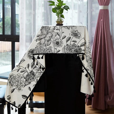 Tovaglia In Cotone E Lino Vintage Stampa Floreale Nera Con Nappe Copertura Decorativa Antipolvere Per Tavolo Da Pranzo O Pianoforte
