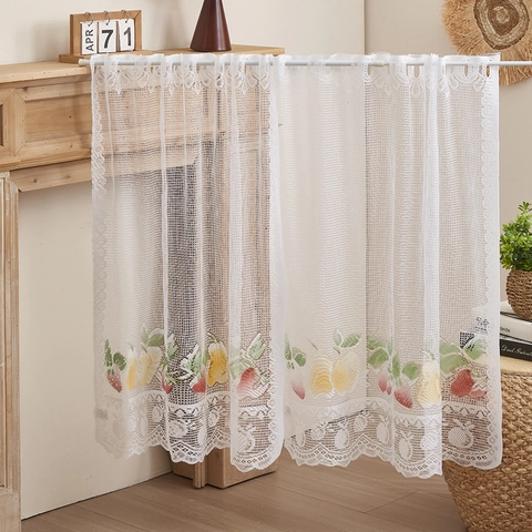 White Lace Cafe Curtains Fruit Print Kitchen Cabinet Half Tiers Rod Pocket Scalloped Edge Home Decor