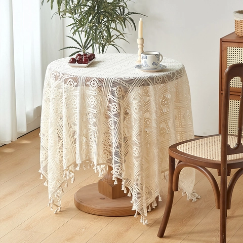 Nappe Crochet Rétro Dentelle Ajourée Mélange Coton Avec Glands Pour Table À Manger Table Basse Style Pastoral Américain Crème