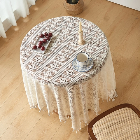 Nappe Crochet Rétro Dentelle Ajourée Mélange Coton Avec Glands Pour Table À Manger Table Basse Style Pastoral Américain Crème