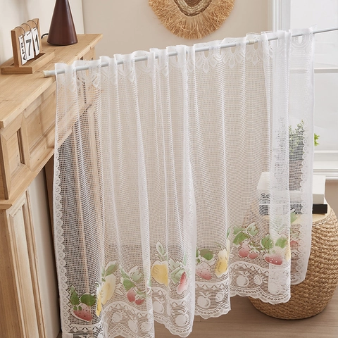 White Lace Cafe Curtains Fruit Print Kitchen Cabinet Half Tiers Rod Pocket Scalloped Edge Home Decor