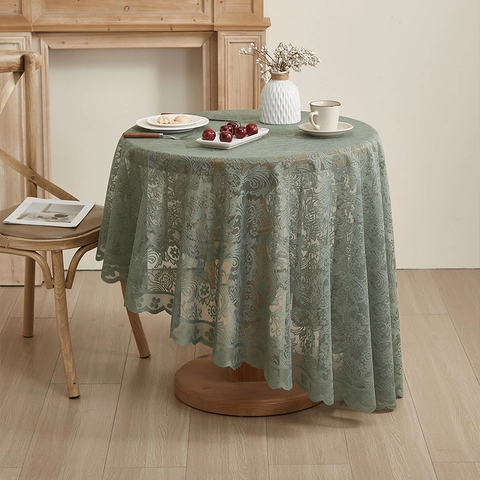 Round Lace Tablecloth French Pastoral Vintage Floral Jacquard Ruffle Edge Non-Slip Washable Decor For Dining Table