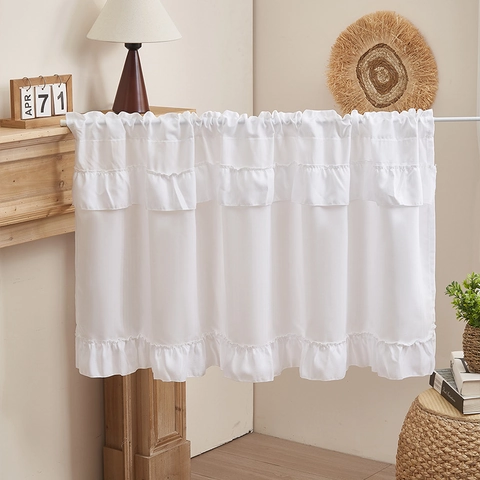 Rideau de Café à Volants Style Américain Polyester Couleur Unie Passage de Tringle Cantonnière pour Petites Fenêtres Décoration Cuisine