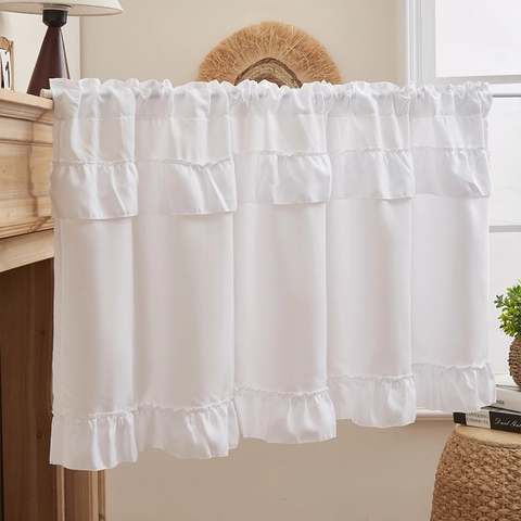 Rideau de Café à Volants Style Américain Polyester Couleur Unie Passage de Tringle Cantonnière pour Petites Fenêtres Décoration Cuisine