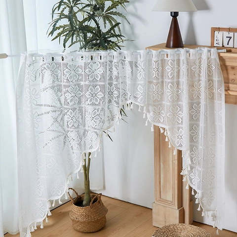 French Vintage Lace Door Curtain Polyester Hollow Out Flower Pattern With Tassels Rod Pocket Sheer Cafe Curtain