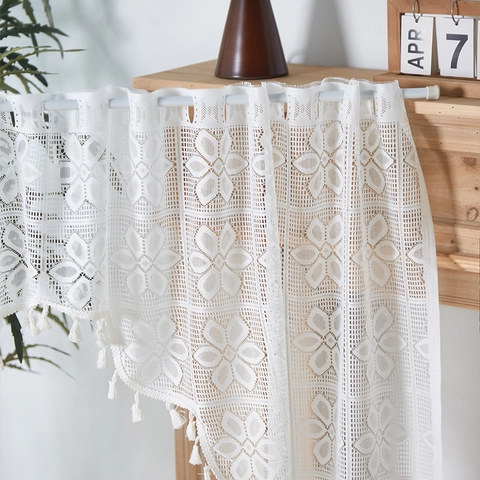 French Vintage Lace Door Curtain Polyester Hollow Out Flower Pattern With Tassels Rod Pocket Sheer Cafe Curtain