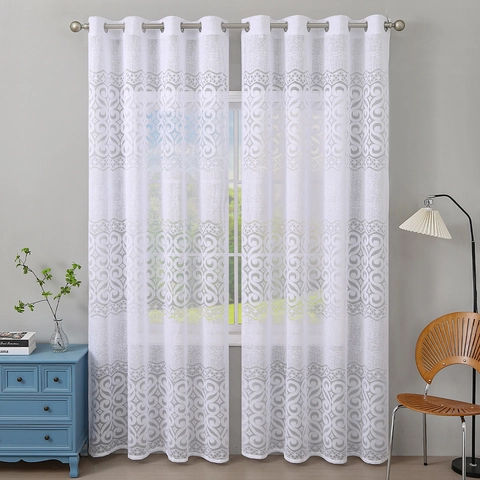 White Lace Grommet Curtain Polyester Jacquard Floral Vine Semi Sheer Window Treatment For Living Room Bedroom American Style