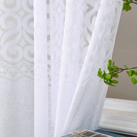 White Lace Grommet Curtain Polyester Jacquard Floral Vine Semi Sheer Window Treatment For Living Room Bedroom American Style