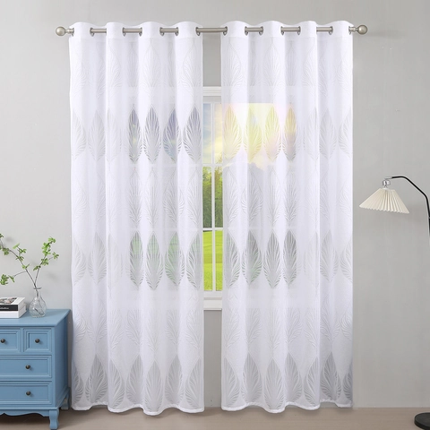 Polyester Sheer Curtains With Feather Jacquard Leaf Pattern Grommet Top Semi-shading Drapes For Living Room Bedroom Decor