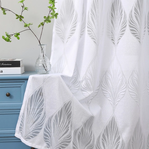 Polyester Sheer Curtains With Feather Jacquard Leaf Pattern Grommet Top Semi-shading Drapes For Living Room Bedroom Decor
