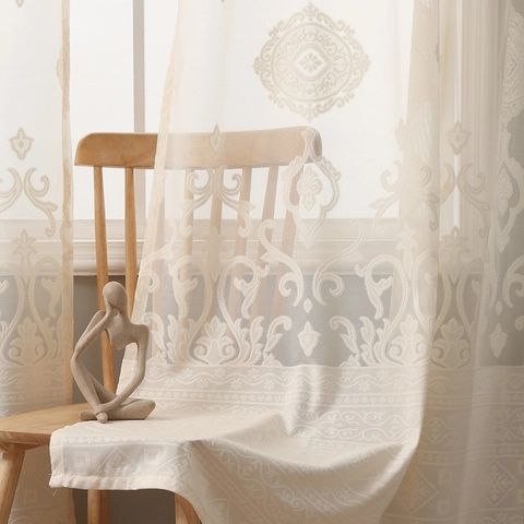 Cortinas Traslúcidas Damasco Encaje Poliéster Ojales Semitransparente Para Sala De Estar Dormitorio Decoración Elegante