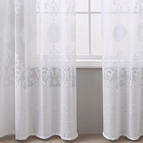 Damask Pattern Sheer Curtains Elegant Lace Grommet Top Breathable Semi Transparent Drapes For Living Room Bedroom