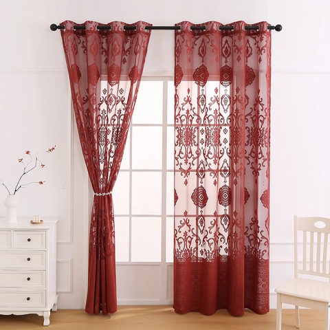 Damask Embroidered Sheer Curtains Polyester Lace Grommet Top Semi Transparent Window Drapes Living Room Bedroom Vintage Style