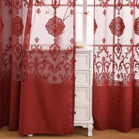 Damask Embroidered Sheer Curtains Polyester Lace Grommet Top Semi Transparent Window Drapes Living Room Bedroom Vintage Style