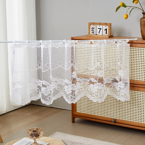 Cortina De Café De Encaje Blanco Bordado Floral Borde Festoneado Media Cortina Para Cocina Gabinete Puerta Estilo Vintage