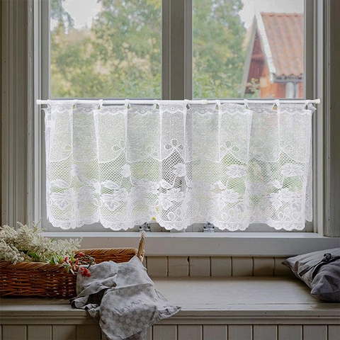 Cortina De Café De Encaje Blanco Bordado Floral Borde Festoneado Media Cortina Para Cocina Gabinete Puerta Estilo Vintage