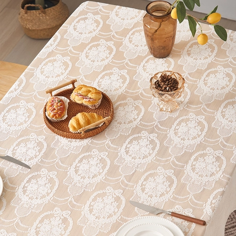 Tischdecke Französisch Retro Spitze Schmetterling Blumenmuster Wellenkante Polyester Rechteckig Staubdicht Deko Essen