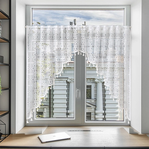 French Vintage Lace Door Curtain Hollow Floral Coffee Curtain With Tassel Fringe Rod Pocket Half Curtain For Bedroom