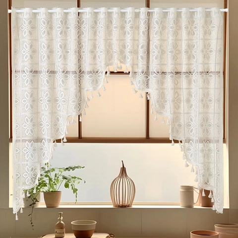 Rideau de Porte en Dentelle Style Français Avec Glands Motif Floral Crochet Cloison en Polyester pour Chambre à Coucher Maison