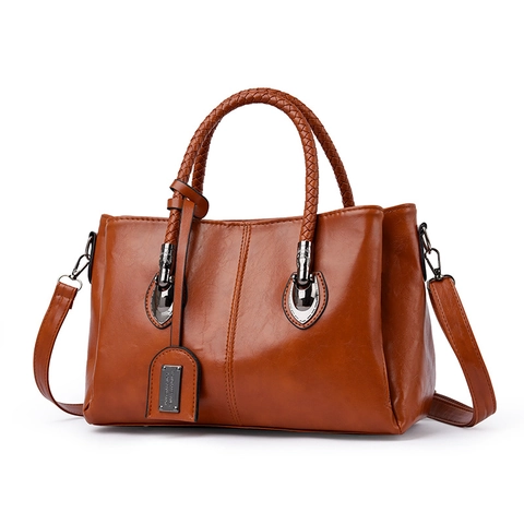 Vintage Öl-Wachs PU-Leder Boston Handtasche Große Kapazität Mehrfachfach Tote Gewebte Griffe Umhängeriemen