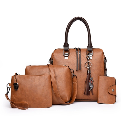Borsa Tote da Donna in Pelle PU Vintage E Borsa a Tracolla E Pochette E Portafoglio Con Ciondolo Gatto Nappa Moda