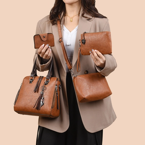 Borsa Tote da Donna in Pelle PU Vintage E Borsa a Tracolla E Pochette E Portafoglio Con Ciondolo Gatto Nappa Moda