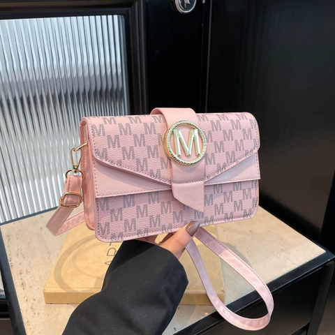 Women Fashion PU Leather Crossbody Bag Letter Print Small Square Shoulder Bag With Metal M Buckle Elegant Daily Purse