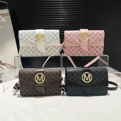 Women Fashion PU Leather Crossbody Bag Letter Print Small Square Shoulder Bag With Metal M Buckle Elegant Daily Purse
