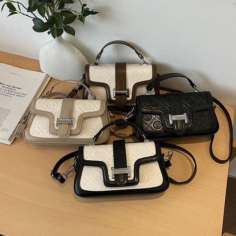 Women Fashion Embossed PU Leather Small Square Bag Letter Monogram Crossbody Shoulder Bag With Adjustable Strap Handbag
