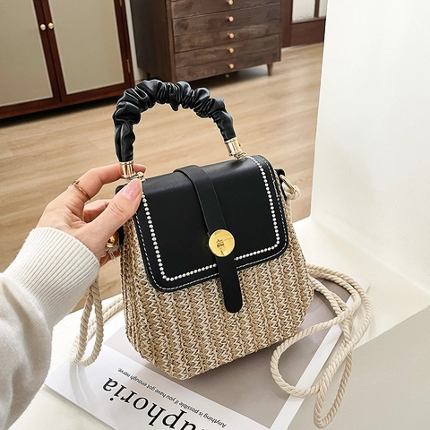 Damen Stroh Gewebt Patchwork Umhängetasche Ruched Kunstleder Griff Seilgurt Sommer Urlaub Strand Handtasche