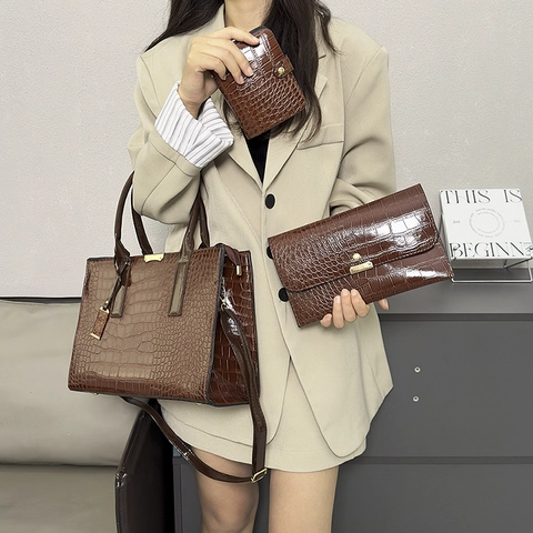 Sacs À Main Femmes Motif Crocodile Cuir PU Grand Fourre-Tout Sac À Bandoulière Mode Sac À Main Et Pochette Et Portefeuille
