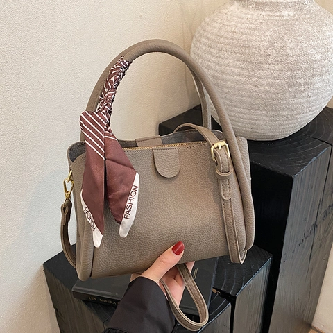 Women Bucket Handbag PU Leather Litchi Pattern Crossbody Bag With Scarf Decor Adjustable Shoulder Strap Commuter Versatile