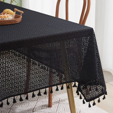 Geometric Hollow Out Lace Tablecloth Rectangular Greek Key Pattern With Tassels Decorative Cover For Dining Coffee Table