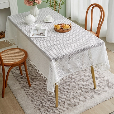 Rectangular Lace Tablecloth Hollow Out Geometric Greek Key Pattern Tassel Fringe Decor American Country French Vintage