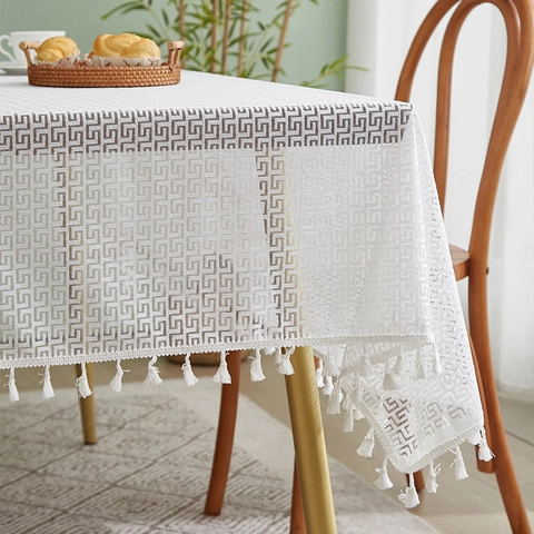 Mantel Rectangular de Encaje de Poliéster Greca Geométrica Ganchillo Calado Cubierta de Mesa Con Borlas Para Mesa de Comedor