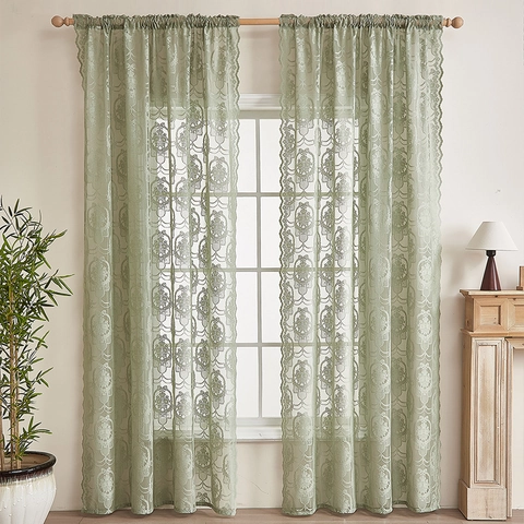 French Vintage Lace Curtains Butterfly Floral Damask Pattern Light Filtering Sheer Rod Pocket Window Drapes For Living Room