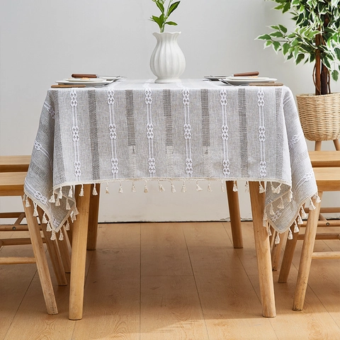 French Vintage Striped Rectangle Tablecloth With Tassels Polyester Dustproof Table Cloth For Kitchen Dining Room Home