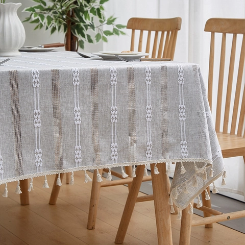 Nappe Mélange Coton Lin Évidée Frange Gland Rectangulaire Français Rétro Pastoral Rayé Pour Table À Manger Couverture Meuble